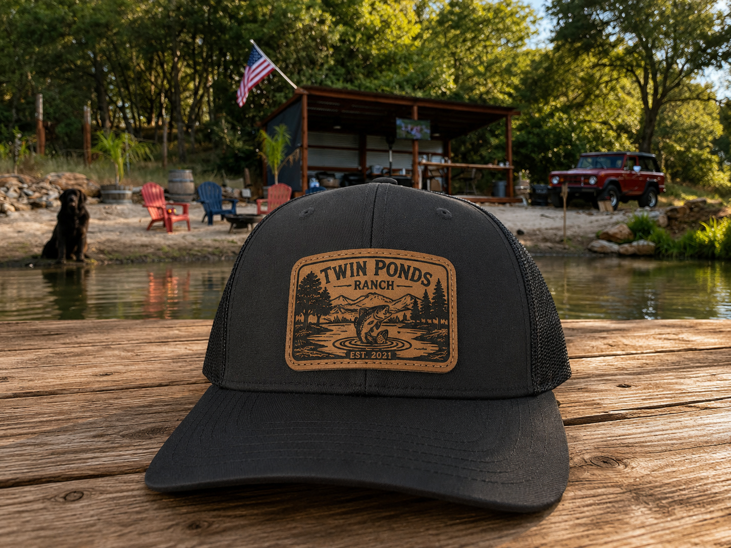 A black trucker hat with a brown leather patch reading 'Twin Ponds Ranch' sits on a wooden dock with a lake, trees, and outdoor cabin in the background.